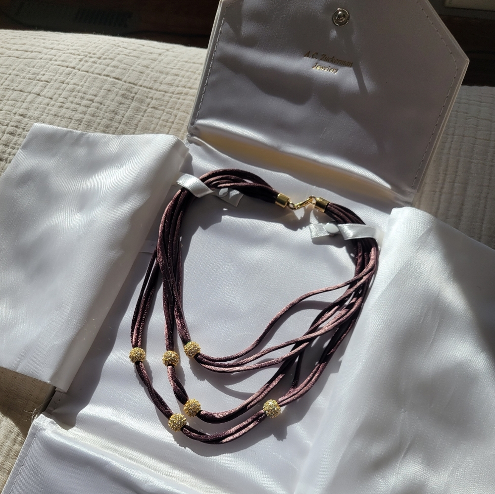 Multi-layer Brown Satin Rope Necklace with Mobile Gold Crystal Encrusted Beads